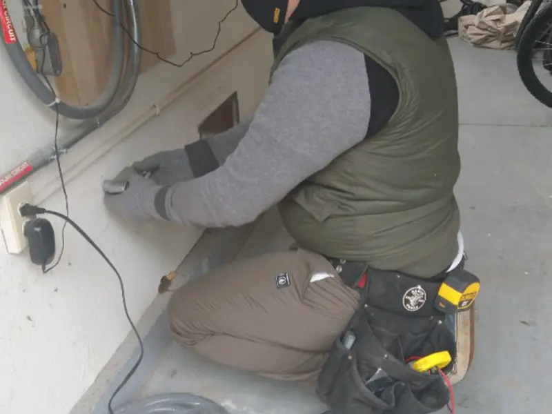 Electrician performing outlet wiring in a Fulton garage
